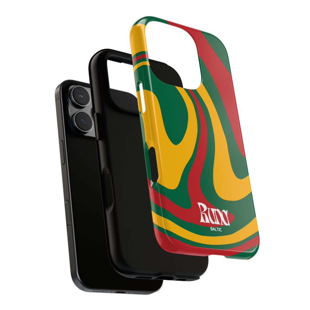Tvirtas telefono dėklas „Retro Swirl“ – žalias, raudonas, geltonas abstraktus dizainas