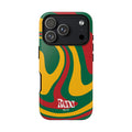 Tvirtas telefono dėklas „Retro Swirl“ – žalias, raudonas, geltonas abstraktus dizainas